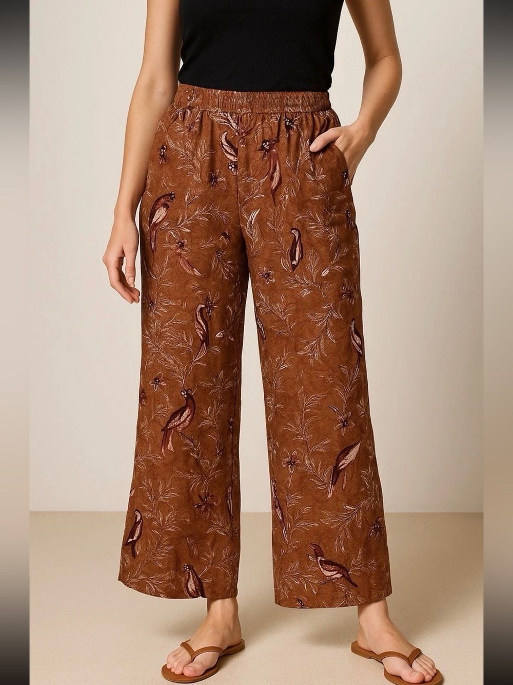 Tahari 100% Linen Tropical Bird Print Wide Leg Crop Pants XL Pull-On Boho